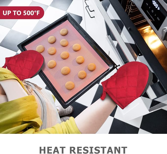 Goldmeet Mini Oven Mitts 2-Pack, 7"x5.5", 500°F Silicone Grip, Red | Non-Slip, Heat Resistant, Machine Washable, Hanging Loop, Fits Small Hands, for Baking Grilling BBQ Cooking