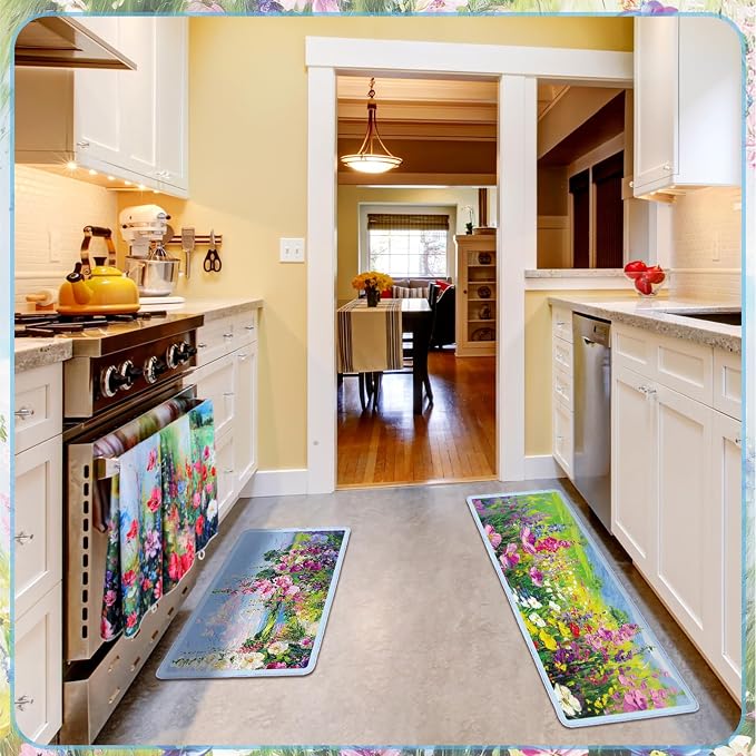 Fourluoo 10 Pcs Spring Kitchen Decor Sets Oil Painting Kitchen Towels Pot Holders Oven Mitts Floral Non Slip Rugs and Mats for Floor Home Accessories Cooking Baking Grilling