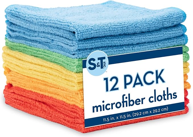 S&T INC. Microfiber Cleaning Cloth, 12 Pack, 11.5" x 11.5" | Bulk Cleaning Cloth for Home and Car, Reusable and Multi-Purpose Cleaning Rags, Machine Washable