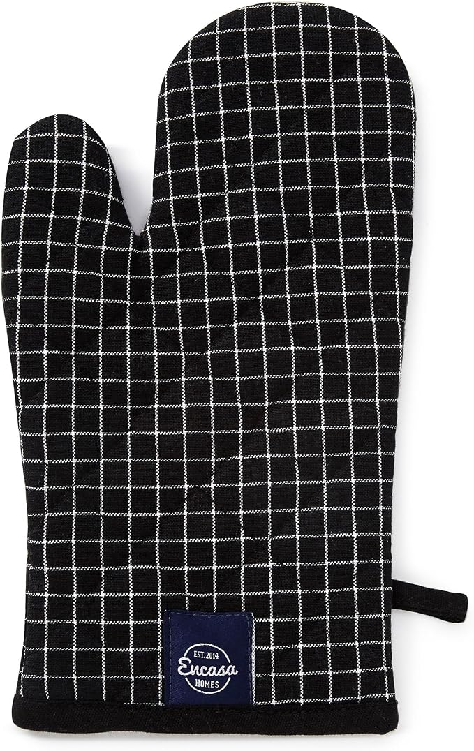 Encasa XO Oven Mitts, Heat Resistant Kitchen Gloves, Microwave | Butcher Checks Black, 100% Cotton | Diamond Quilted Insulation | Pot Holders | Hanging Loop | Barbecue & Grill | Set of 2