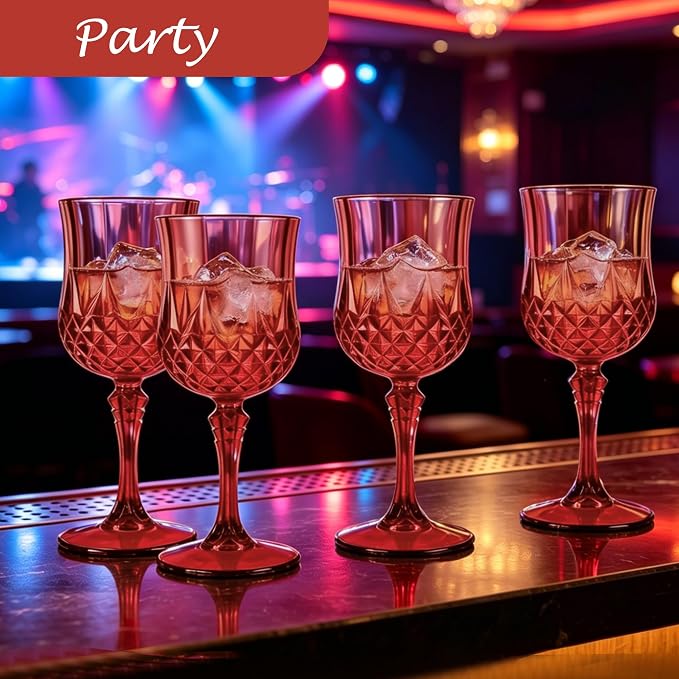 24Pack Plastic Wine Glasses, 7oz Vintage Goblets for Wedding | Unbreakable Crystal Style Reusable Stemware, Elegant Burgundy Drinking Glass for Party Anniversary & Holiday Celebration