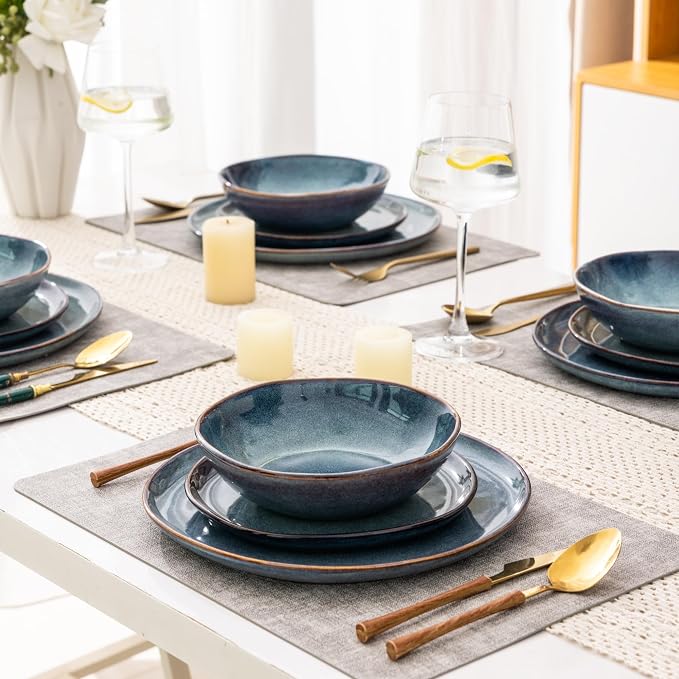 AmorArc Ceramic Dinnerware Sets for 4, 12Pcs Plates and Bowls Sets Dishes | Stoneware Handmade Reactive Glaze Dinner Set, Highly Scratch Resistant | Dishwasher & Microwave Safe Dishware