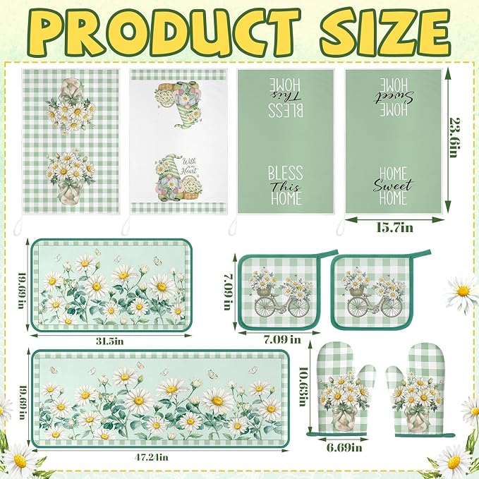 Fourluoo 10 Pcs Daisy Kitchen Decor Set Towels Rugs Oven Mitts and Pot Holders Daisy Kitchen Accessories Set for Cooking Baking Grilling Housewarming Gift