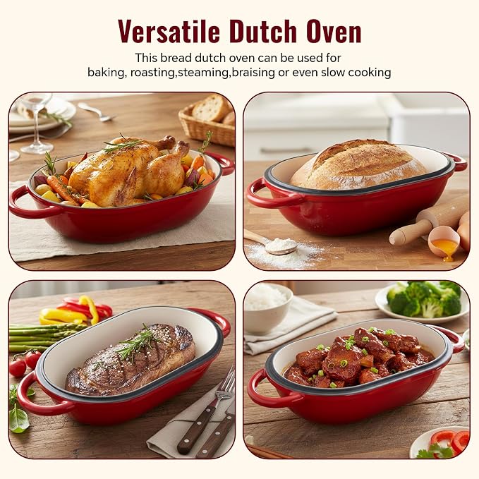 2 QT Oval Dutch Oven for Bread Baking, Enamelled Cast Iron Bread Oven for Sourdough, Sourdough Loaf Pan with Lid, Heavy-Duty Non Stick Bread Pan for Homemade Bread Baking, Red