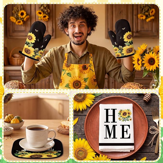 Tieshankao 10Pcs Sunflower Kitchen Decor Kitchen Accessories Set | Summer Yellow Towels Oven Mitts Pot Holders Rugs and Mats for Baking Housewarming Cooking Gifts