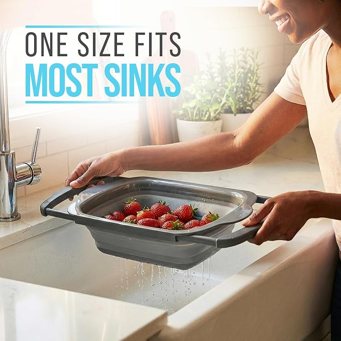 Comfify Gray Collapsible Silicone Over-Sink Colander – 6 Qt – Extendable | Gray; silicone; 17.1"L x 10.1"W; collapses to 1.4"H; 6 Qt; handles extend 25" to span sink; heat resistant 176F