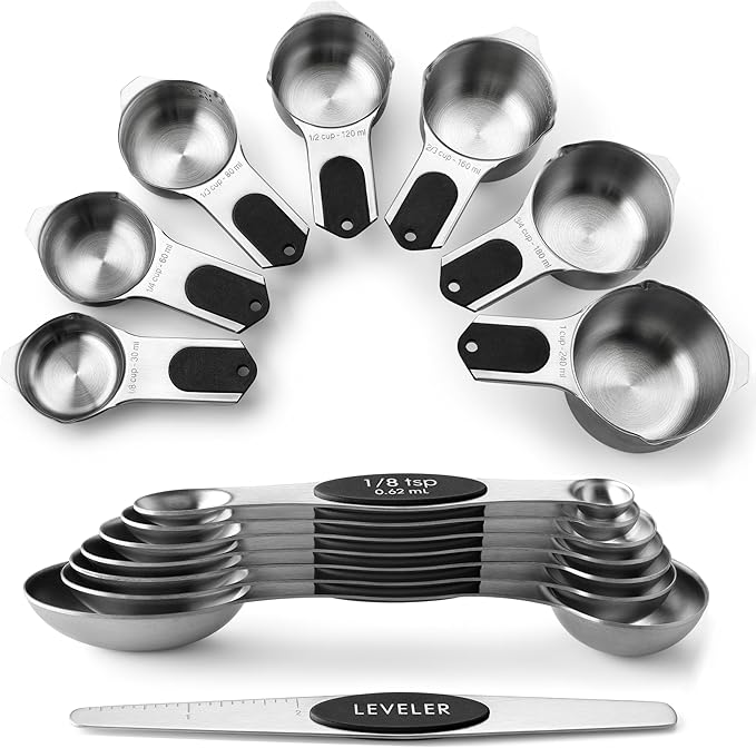 Spring Chef Magnetic Measuring Cups & Spoons Set of 15, Patented, Black | Stackable Stainless Steel Measuring Cups & Heavy Duty Metal Measuring Spoons with Levelers for Dry & Liquid Ingredients