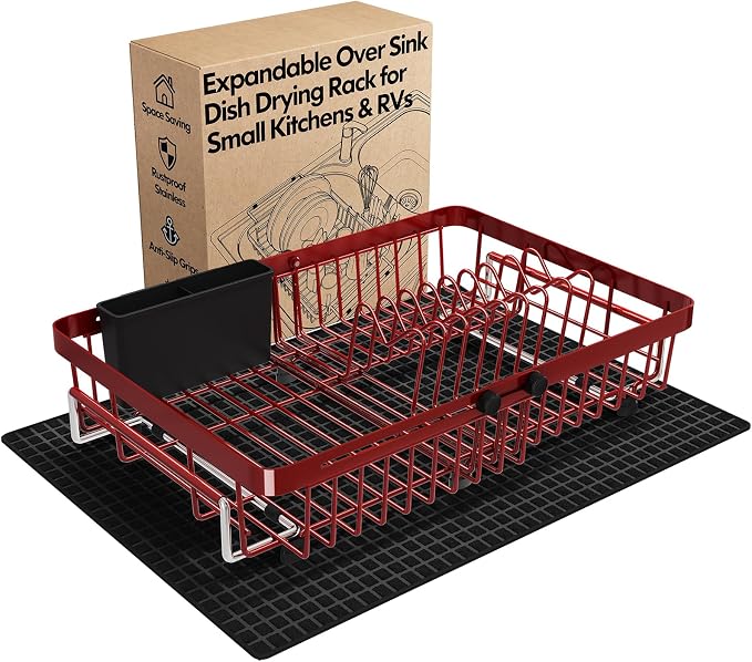 Red Dish Drying Rack Over The Sink with Utensil Holder, Mat | Expandable Stainless Steel Dish Drainer for Small Kitchen, Apartment, RV, Counter Space Saving, Perfect Fit, Rustproof