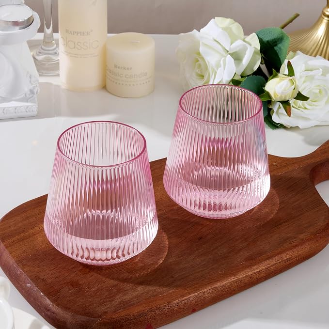 BESTSTAR 36 Pcs 12 oz Plastic Pink Ribbed Wine Glasses,Origami Ripple Glass | Disposable Champagne Glasses Elegant Whiskey Glasses Ideal for Weddings, Bars, Christmas, Halloween, Pool Party, Daily Use