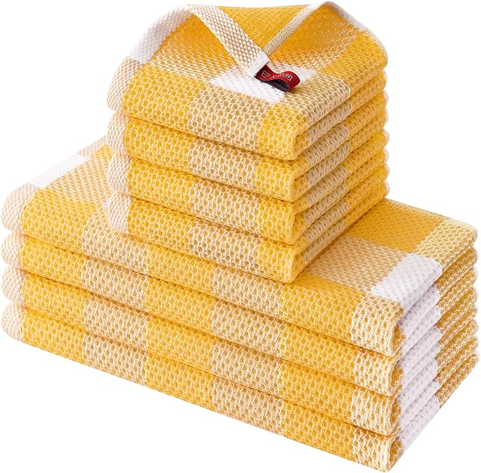 Homaxy Kitchen Towels and Dishcloths Set, Set of 8, White & Golden Yellow | Bulk Cotton Waffle Weave Check Plaid Kitchen Towels, Super Soft and Absorbent Dish Cloths, 12 x 12 and 13 x 28 Inches