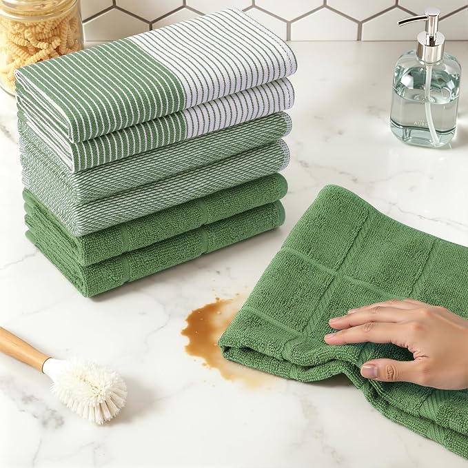 Homaxy 9 Pack Cotton Terry Premium Kitchen Towels, 18 x 28 in, Grass Green | Large 380 GSM Dish Towels, Highly Absorben Flat & Terry Kitchen Hand Towels, Soft Utility Tea Towel Set with Hanging Loop