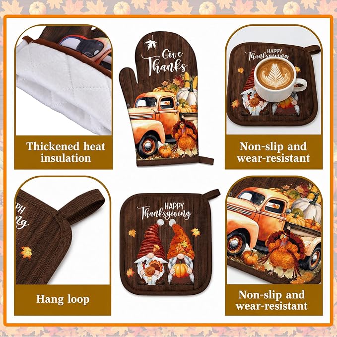 Fourluoo 16 Pcs Thanksgiving Kitchen Decor Set, Pumpkin Kitchen Towels and Dishcloths Give Thanks Non Slip Rugs Mats for Floor Oven Mitts and Pot Holders Curtains Set for Home Decoration