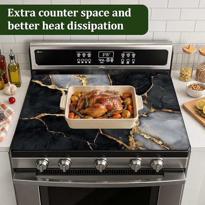 Stove Top Cover Black Gold Marble 28.5x20.5Inch for Electric Stove, Heat Resistant Silicone Cooktop Protector,Glass Stove Cover Mat,Anti Scratch Countertop Protector