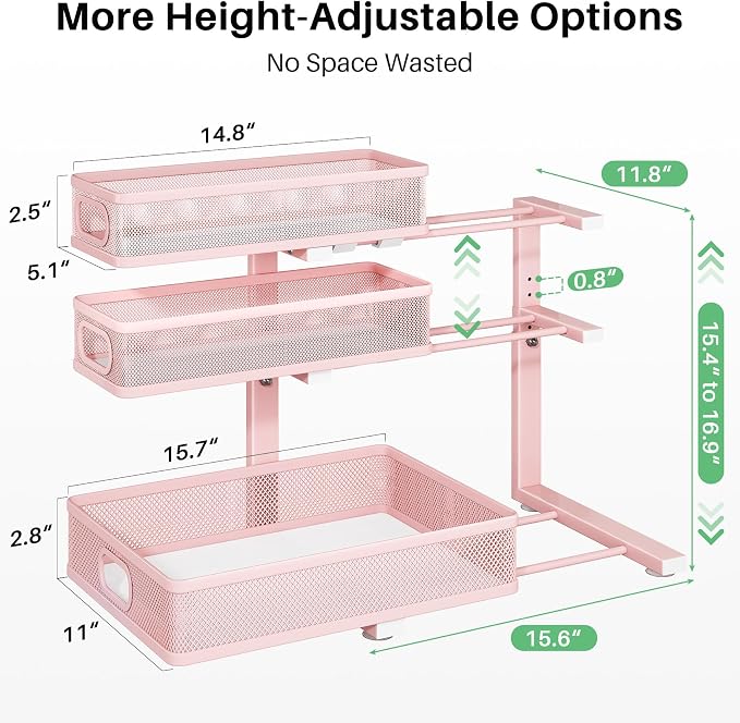 Kitstorack Under Sink Organizer, 2-Pack 3-Tier Height Adjustable Thickened Metal Pull out Cabinet Organizer Shelf, Slide out Storage Drawer Rack for Bathroom Kitchen Pantry Home Organization, Pink