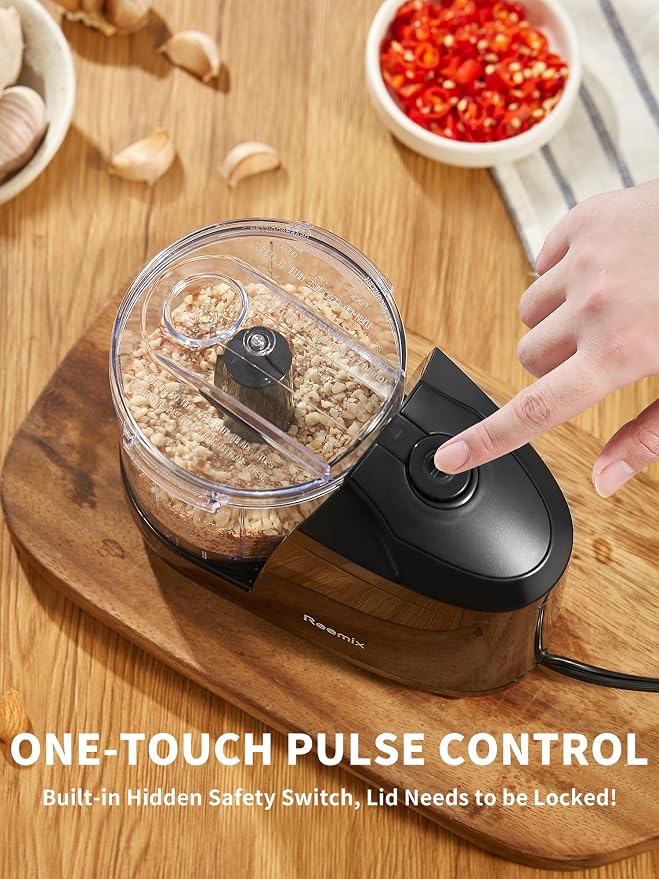 Reemix 1.5-Cup Electric Food Chopper, 100W Mini Food Processor Meat Grinder | One-Touch, Mix, Chop, Mince and Blend Vegetables, Fruits, Nuts, Meats, Stainless Steel Blade (Black)
