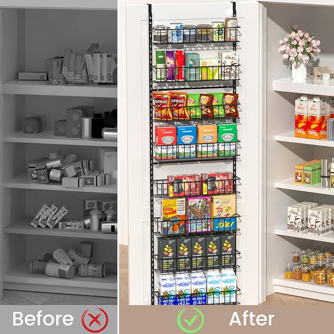 ElegantArray 9-Tier Pantry Door Organizer, Black | Over The Door Pantry Organizer Rack and Storage, Hanging Spice Rack Shelves Door, Home Office Laundry Room Bathroom & Kitchen