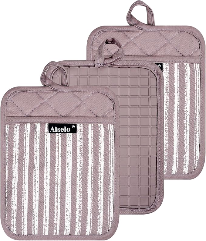 Alselo Silicone Pot Holders Set of 3 Heat Resistant & Non Slip Potholders | Professional Oven Hot Pads with Pockets Mitts for Kitchen Cooking Baking Barbecue (Purple, 3)