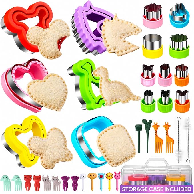 36 Pcs Sandwich Cutter and Sealer with Storage Case, Sandwich Maker & Fruit Cutter Food Picks, DIY Bread Decruster Cookie Sandwich Cutters for Kids Lunch Bento Box Back to School