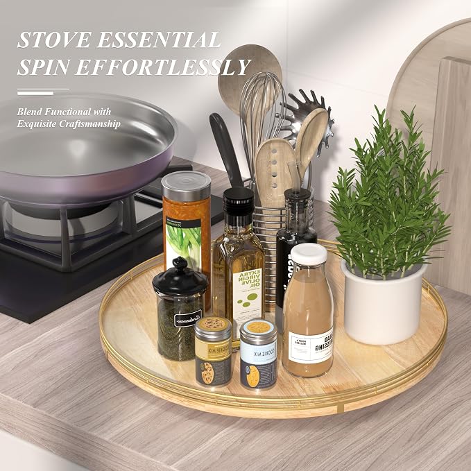 AMH 21-Inch Extra Large Lazy Susan with Oak Base and Black Iron Rail | Smooth rotating oak tray with walnut finish for dining tables, kitchen counters, pantries and cabinet storage.