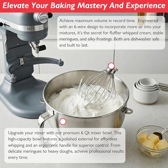 6Qt Stainless Steel Mixer Bowl & KN256 Whisk for Kitchenaid Bowl Lift Mixer | 18/8 Stainless Steel, Heavy Duty, Dishwasher Safe, Mixing Bowl and Whisk Attachment for Kitchenaid KP26, KL26, KT26