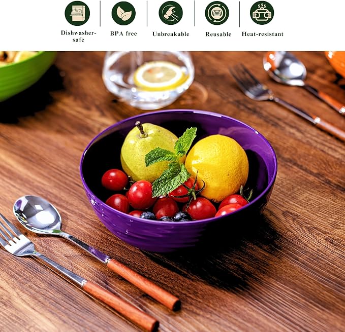 7-Inch Melamine Bowls (Set of 6) - Unbreakable and Reusable Plastic Dinnerware with Ceramic Feel, Stackable and Dishwasher-Safe - Versatile for All Meals (Green)