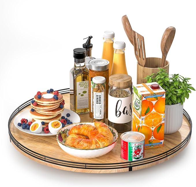 AMH 21-Inch Extra Large Farmhouse Oak Lazy Susan Organizer | Smooth rotating oak tray with walnut finish for dining tables, kitchen counters, pantries and cabinet storage.