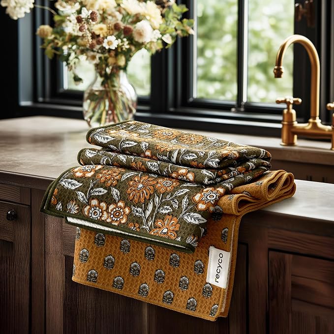 RECYCO Waffle Kitchen Towel Set of 2 - Quick Dry Microfiber Sustainable Dish Towels - Ultra Absorbent Reusable Cleaning Tea Towels - Lightweight Hand Towels,16”x 28”, Amber Flora