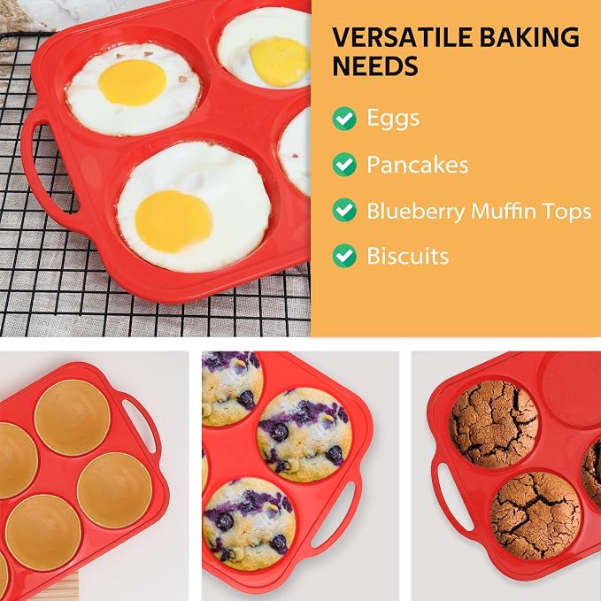 4 Inch Muffin Top Pan Non Stick with Metal Frame, Silicone Egg Molds | for Breakfast Sandwiches, Large Round Whoopie Pie Baking Pan with Handle for English Muffin, Egg Bite and Oven, Red Toeusog