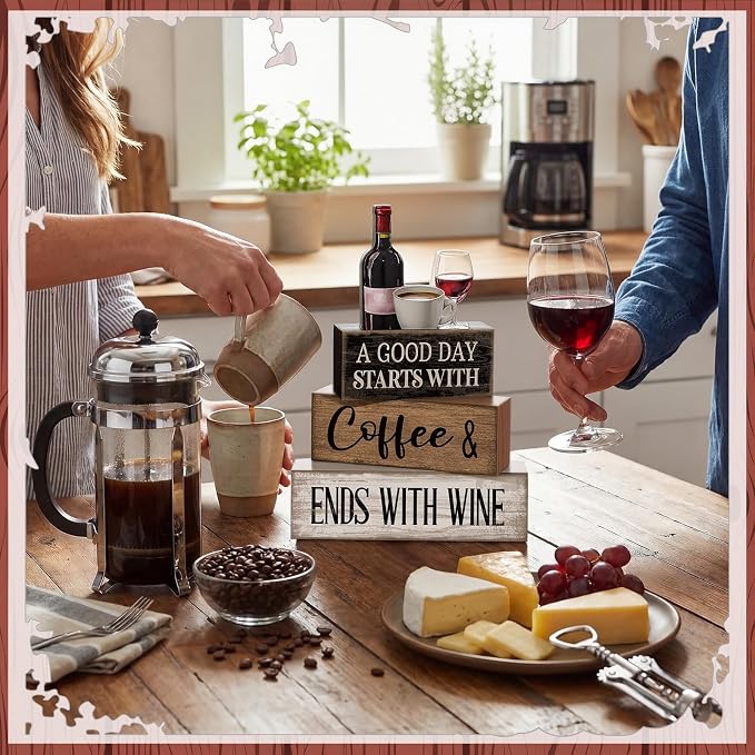 Lineshading 4 Pcs Coffee and Wine Bar Decor Farmhouse Kitchen Counter Decor | Rustic Tabletop Display, Bar Decor for Coffee Wine Lovers, Farmhouse Kitchen Counter Gift, Layered Wooden Blocks