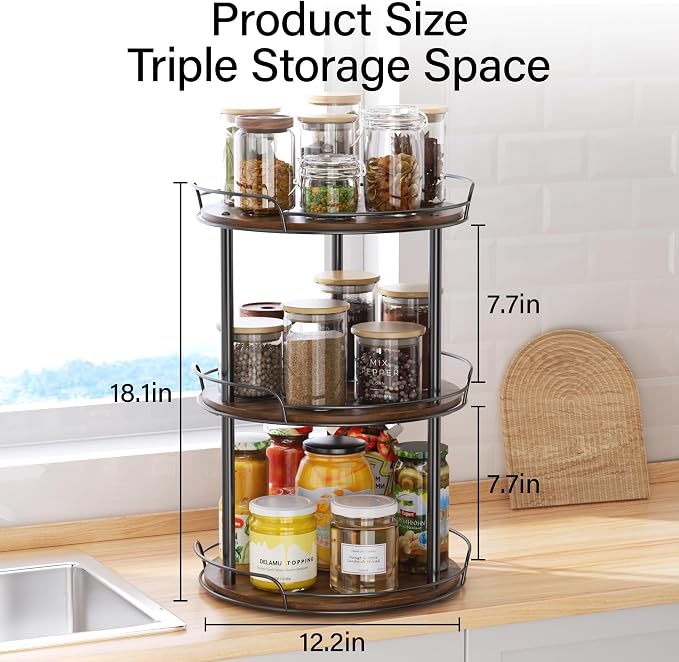 12'' Lazy Susan Turntable Organizer, 3-Tier Rotating Spice Rack | Wooden Lazy Susan, for Cabinet, Table Top, Kitchen Countertop, Pantry, Bathroom, Vanity, Home Decor