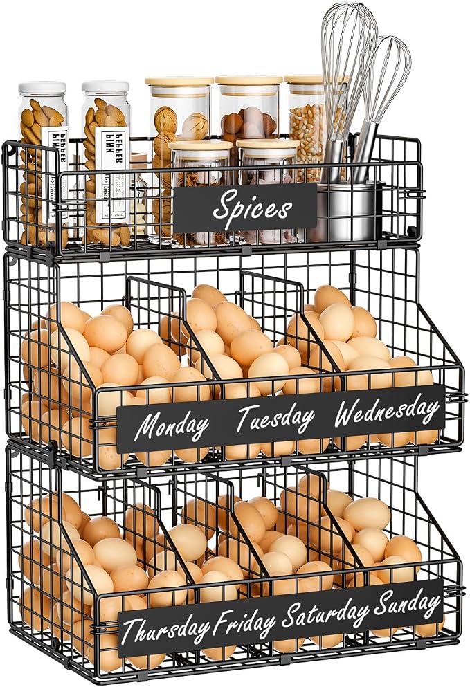 Egg Holder Countertop with 5 Dividers & DIY Nameplate to Separate Eggs | 3 Tier Stackable Wire Storage Baskets for Gathering Fresh Eggs, XXL Large Egg Rack, Wall-Mounted (Patent Pending)