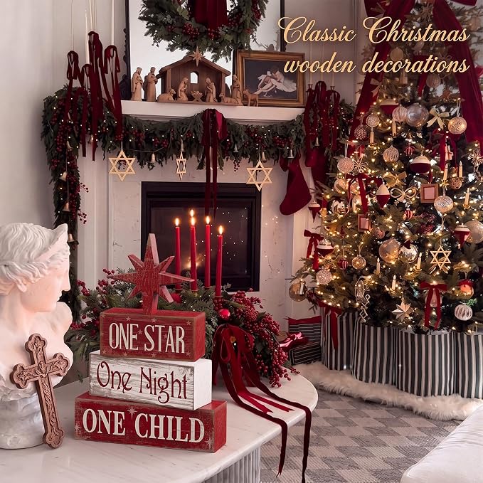 Lineshading 4 Pcs Christmas Nativity Table Decor, Bethlehem Star Wood Sign | Red Rustic Christmas Tiered Tray Decor, Nativity Wood Stacked Sign, Tray Kitchen Shelf Home Decor, Holiday Centerpiece