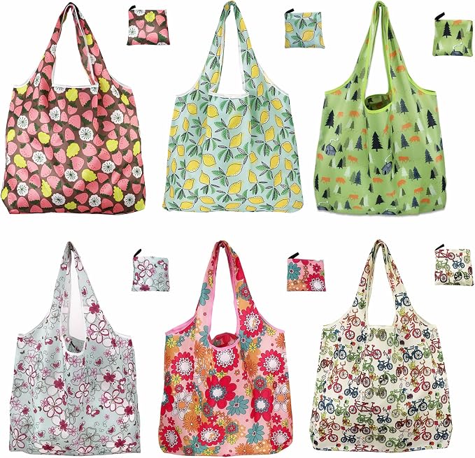 Foldable Reusable Shopping Bags,6 Pack Heavy Duty Tote for Grocery | Lightweight Polyester, machine washable. Compact fold fits in purse. Sturdy 50lb capacity. Great for groceries&travel,Beach
