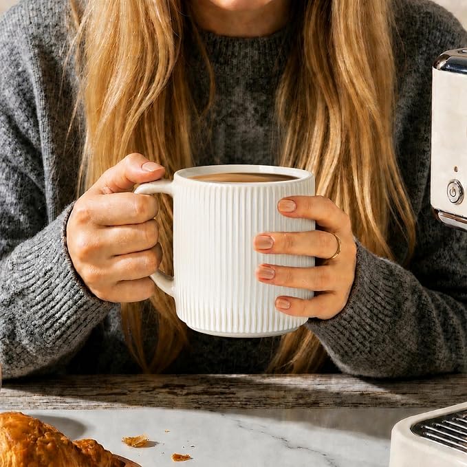 theterra Ceramic Coffee Mugs Set of 4, 14.2 oz Coffee Cups with Handle | Handmade, Suitable for Latte, Tea, Milk, Beer & Hot Cocoa, Reactive White