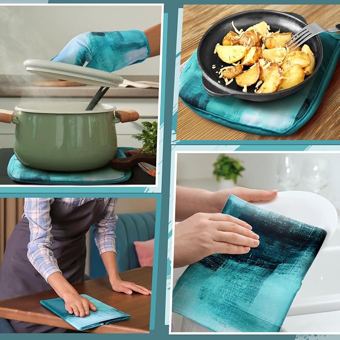 Bencailor 6 Pcs Teal Kitchen Accessories Teal Kitchen Towels Pot Holders and Oven Mitts Turquoise Farmhouse Cooking Mittens Oven Glove and Potholder for Baking Cooking Grilling Supply Accessories