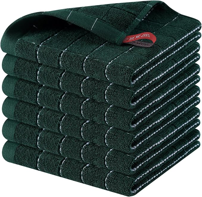 Homaxy 100% Cotton Terry Kitchen Dish Cloths, 6 Pack, Blackish Green | Ultra Soft and Absorbent, Suitable for Drying and Washing Dishes