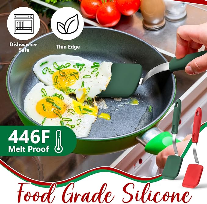 Silicone Cookie Spatula Turner 2 Pack Mini Brownie Spatula Flexible Kitchen Small Silicone Turner for Nonstick Cookware Heat Resistant No Scratch Flipper for Egg(Solid Flat,Red, Green)