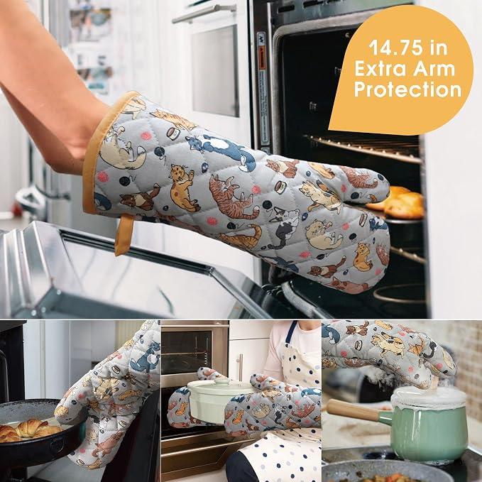 Oven Mitts Cotton Fashion Cute Cat Design 1pair | Heat Resistant Oven Gloves Safe Cooking Baking Grilling Barbecue Machine Washable Pot Holders (Cat)