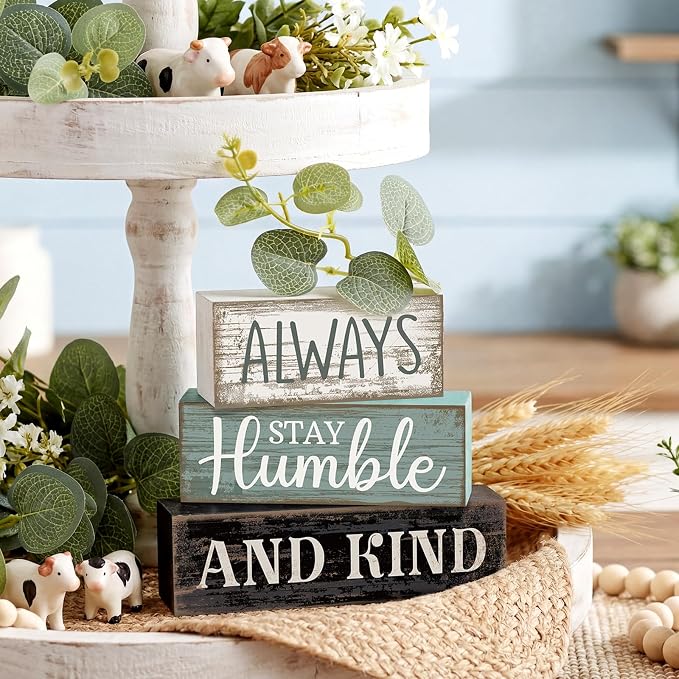 Lineshading 4 Pcs Inspirational Farmhouse Table Decor Wooden Shelves Signs | Always Stay Humble and Kind Quote, Rustic Wooden Blocks, Eucalyptus Accent, Tiered Tray Tabletop Home Decor Gift