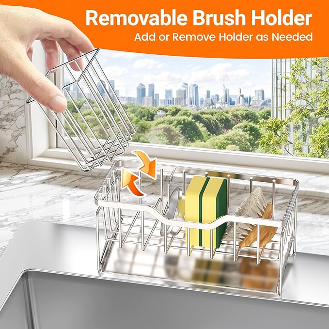 StorageRight Sponge Holder for Kitchen Sink, Sink Caddy Organizer, Silver | Rustproof Kitchen Sink Organizers with High Brush Holder & Self Drain Tray, Anti-Slip Kitchen Countertop Storage Essentials
