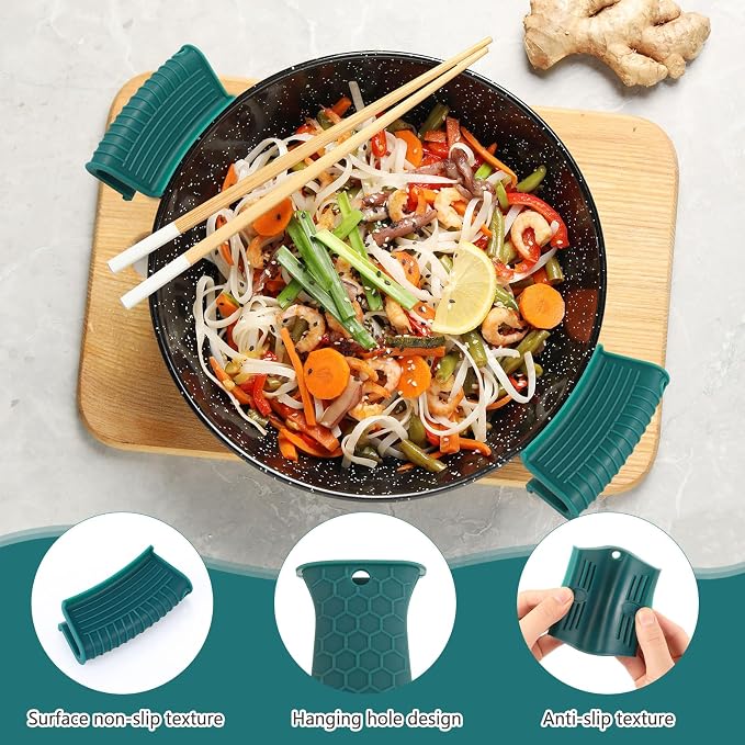 Patelai 8 Pcs Silicone Pot Holders Set Cast Iron Handle Cover Heat Resistant Pot Handle Covers Potholder Non Slip Reusable Pan Sleeve for Frying Pan Kitchen Supplies(Green)