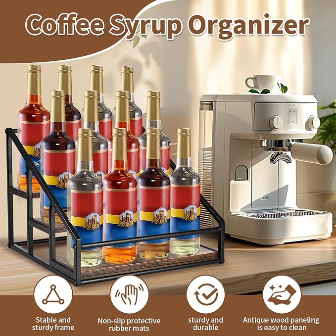YQBRAO 3-Tier Coffee Syrup Organizer, 12-Bottle Rack, Rustic Brown | Holds up to 12 bottles with stepped visibility and a compact footprint for coffee bars, kitchens, and syrup stations.