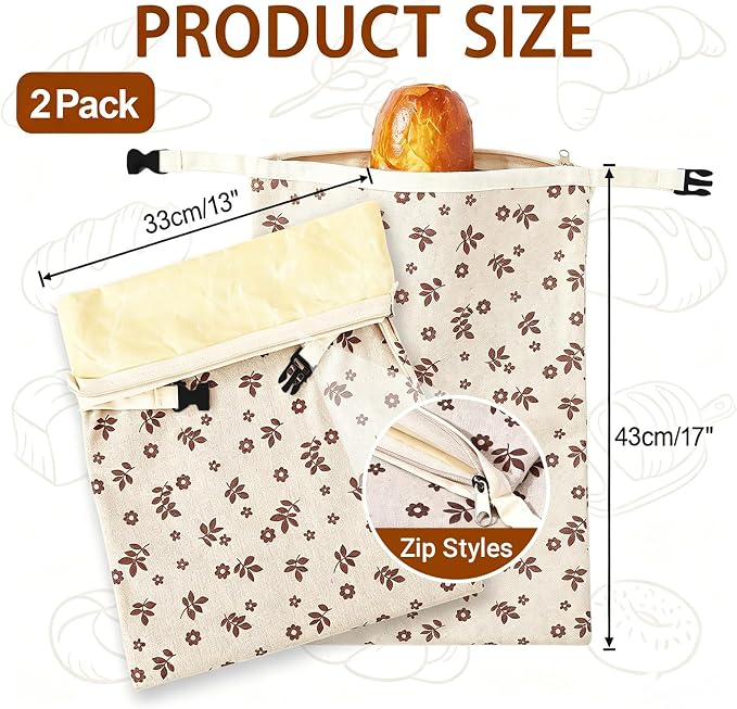 2 Pack Beeswax Bread Bags for Sourdough, Reusable Sourdough Bread Bags with Zipper, Natural Bees Wax Linen Cotton Bread Storage Bags to Keep Fresh, 13''×17''