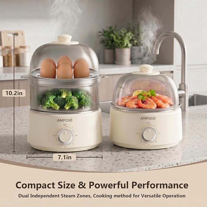 14 Eggs Electric Egg Cooker, 350W Rapid Egg Boiler with 30-Min Timer & Auto Shut-Off, Stainless Steel, Dishwasher Safe for Soft, Medium, Hard Boiled, Steamed Eggs, Vegetables & Seafood, Beige