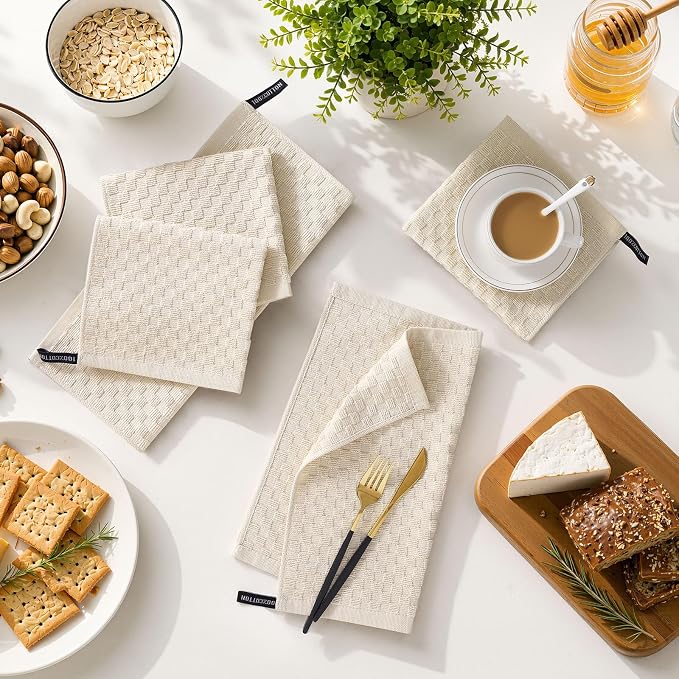 Homaxy 100% Cotton Terry Dish Cloths, 12"x12", 8-Pack, Beige | Ultra Soft Absorbent Dish Towels with Hanging Loop, Pineapple Grid Designed