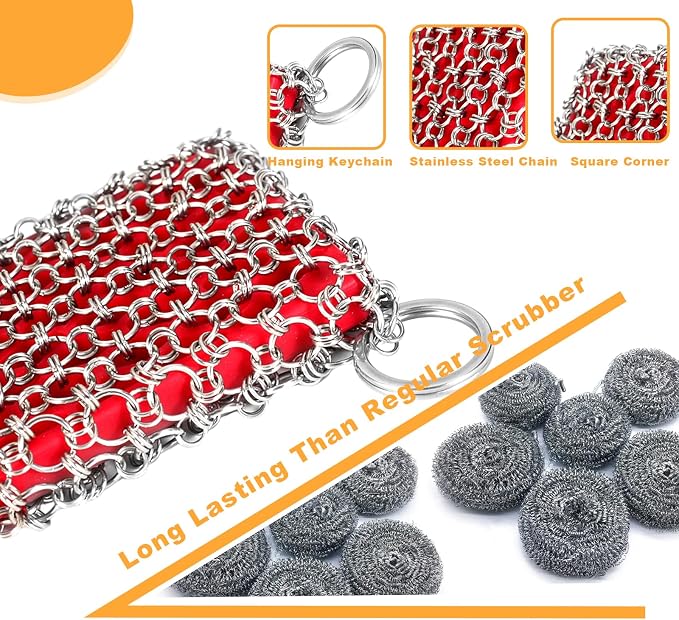 TEZZ Cast Iron Scrubber, Skillet Chainmail Scrubber for Cast Iron Pan - Chain Mail Scrubber Cast Iron Sponge - Metal Scrubber Cast Iron Skillet Cleaner, Wok, Frying Pans, Dutch Oven Cleaning Scrubber