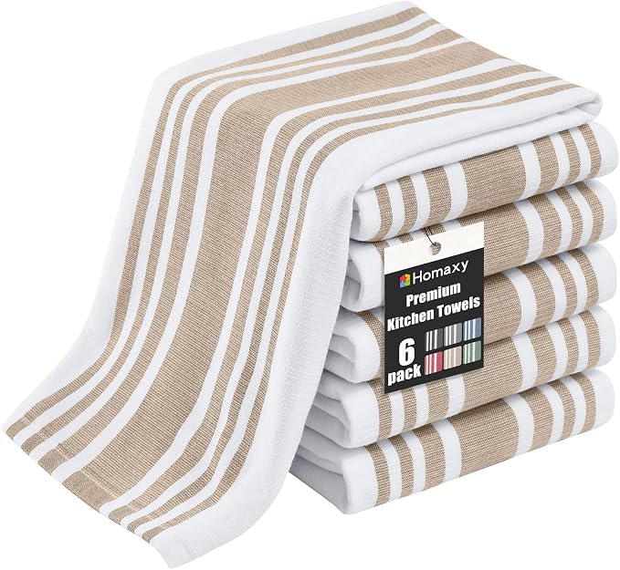 Homaxy Premium Cotton Stripe Kitchen Towels 6 Pack, 18"x 28", Khaki | Large 380 GSM Kitchen Hand Towels, Soft Terry Dish Towels, Highly Absorbent Tea Towel Set with Hanging Loop