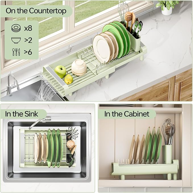TOOLF Small Dish Drying Rack, Expandable and Space-Saving, Grayish Green | Mini Dish racks for kitchen counter, Compact Design Fits Sink or Counter, Stainless Steel Plate Rack, 11"-19.3"L×7.7"W×3.54"H