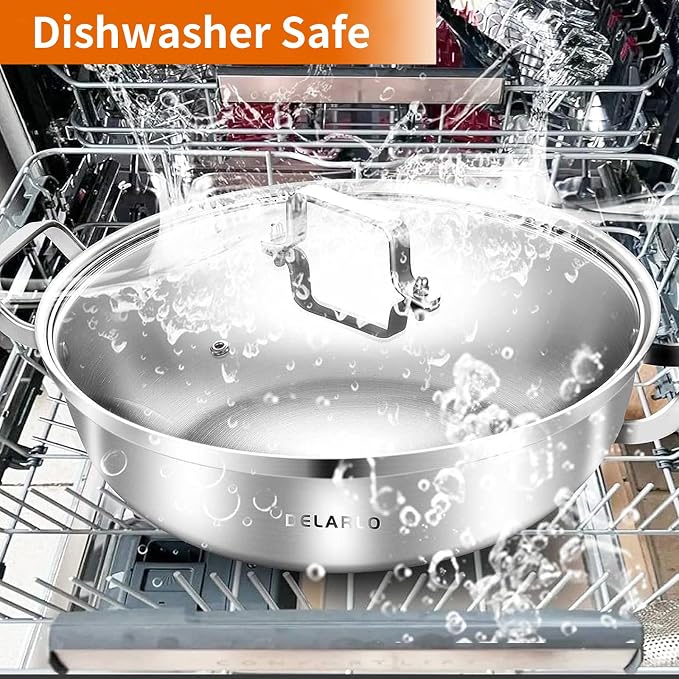 Delarlo Tri-Ply Stainless Steel 13 inch Everyday Pan with Glass Lid, Deep Saute Pan, High Side Kitchen Cooking Pot, Chef's Pans, Induction Deep Frying Pan, 5QT Stock Pot, Up to 550℉