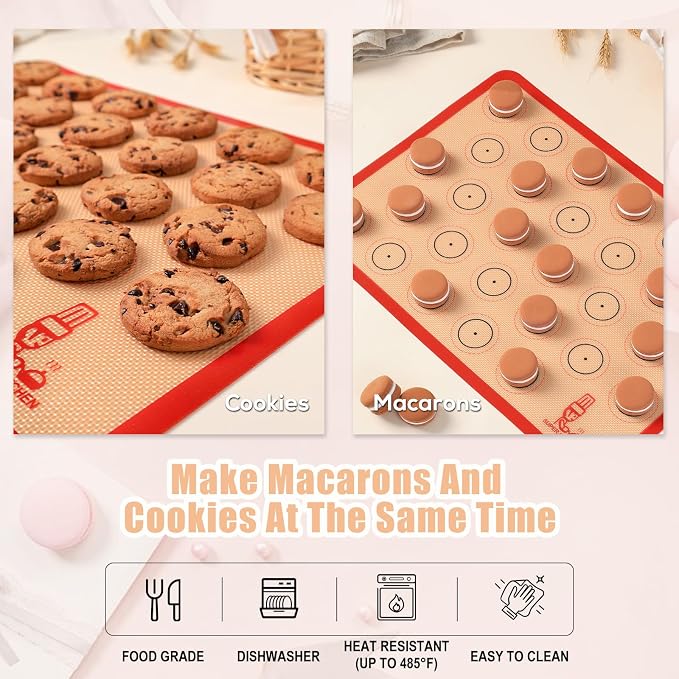 Folksy Super Kitchen Silicone Macaron Baking Mat - Set of 3 | 2 Half Sheet and 1 Quarter Sheet, Non Stick Silicon Oven Liner For Macaroons and Cookies (16.5x11.6, Red)